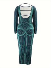  Sexy Stripe Print Long Sleeve Round Neck Maxi Dress