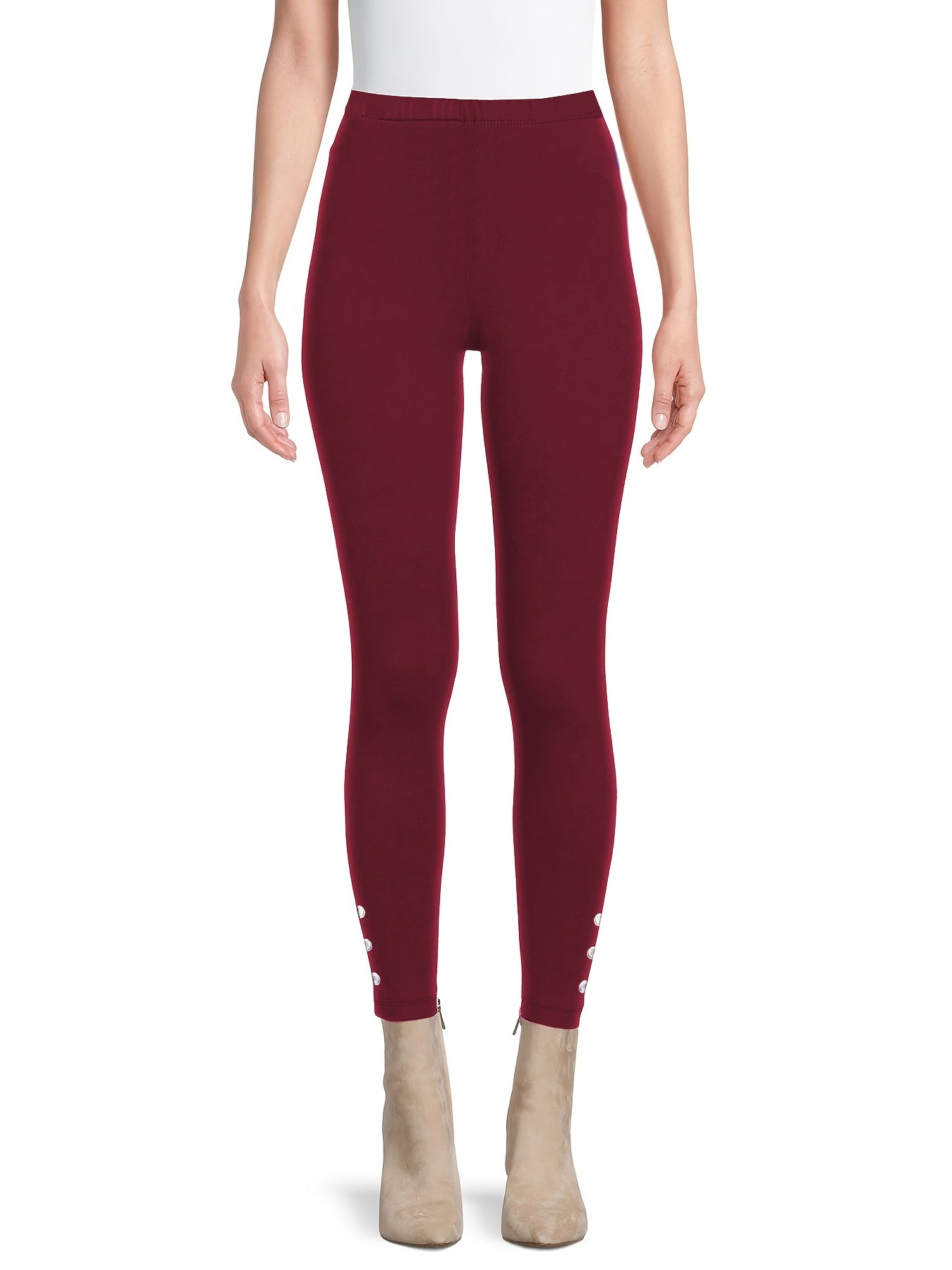  Sports Leggings Women's Plus Solid Button Decor Elastic High Waisted