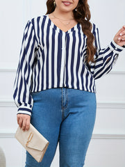  Women's Stripe Print Button Up Long Sleeve Blouse