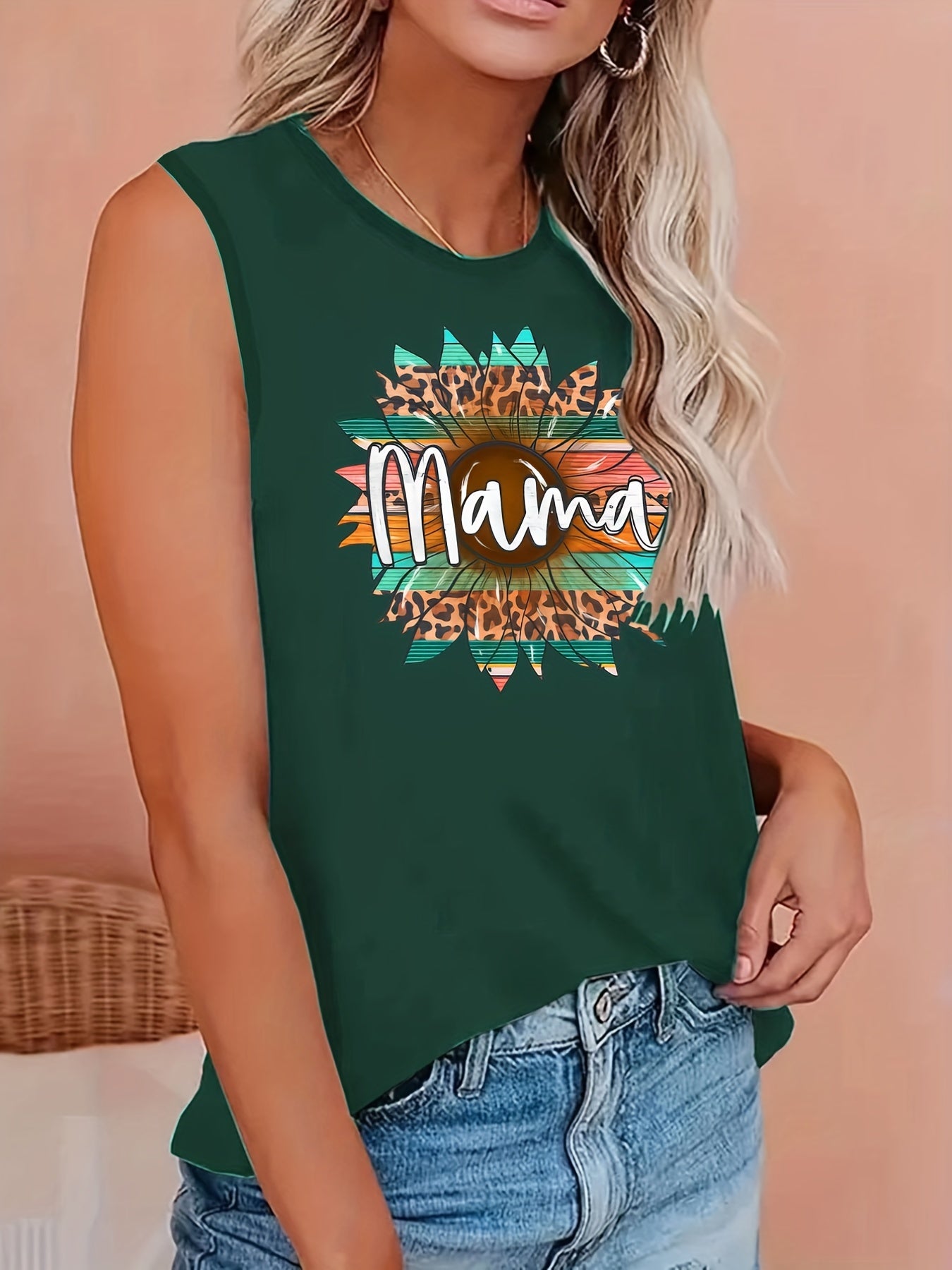  Sunflower & Slogan Print Tank Top