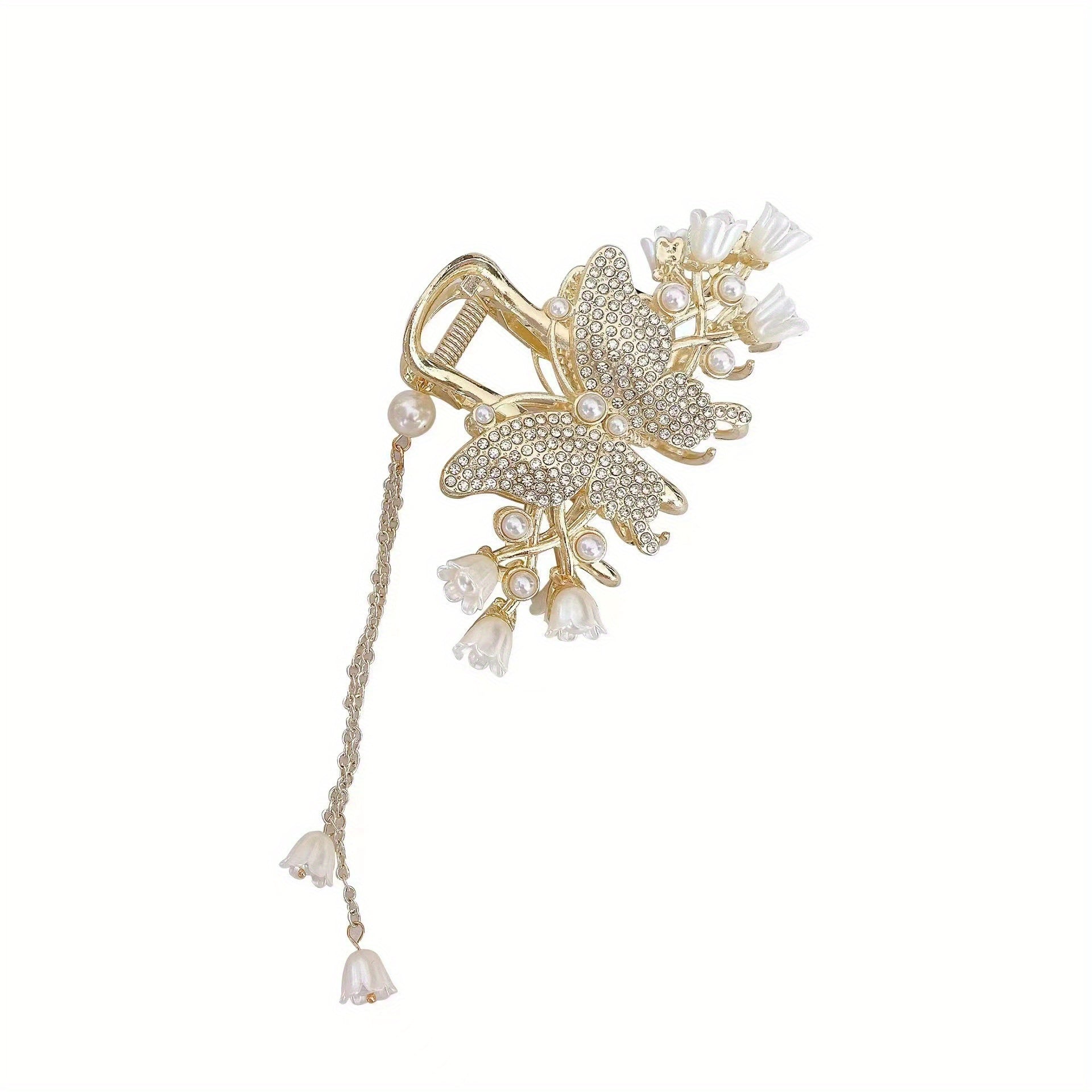 Pearl Flower Tassel Rhinestone Hair Claw for Women