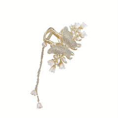 Pearl Flower Tassel Rhinestone Hair Claw for Women