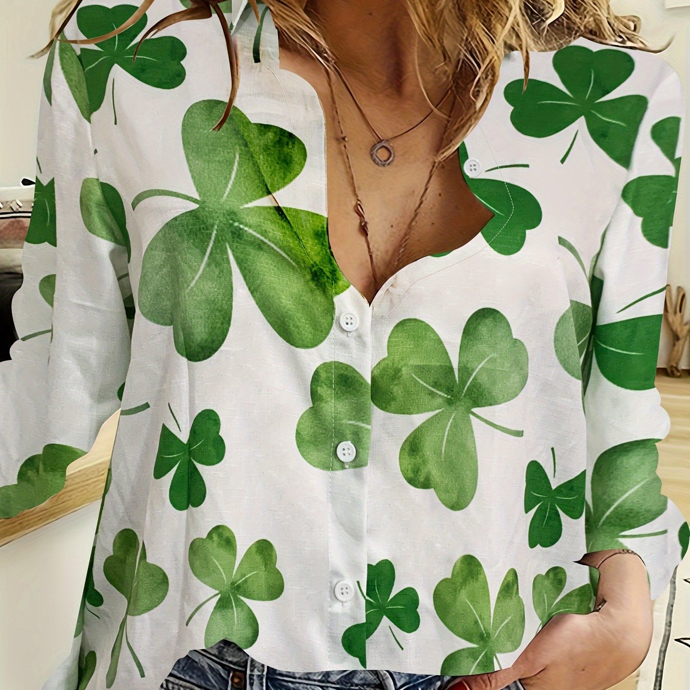  Shamrock Print Button Up Long Sleeve Blouse