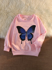 Girls Butterfly Print Pullover Round Neck Long Sleeve Loose Sweatshirt Top