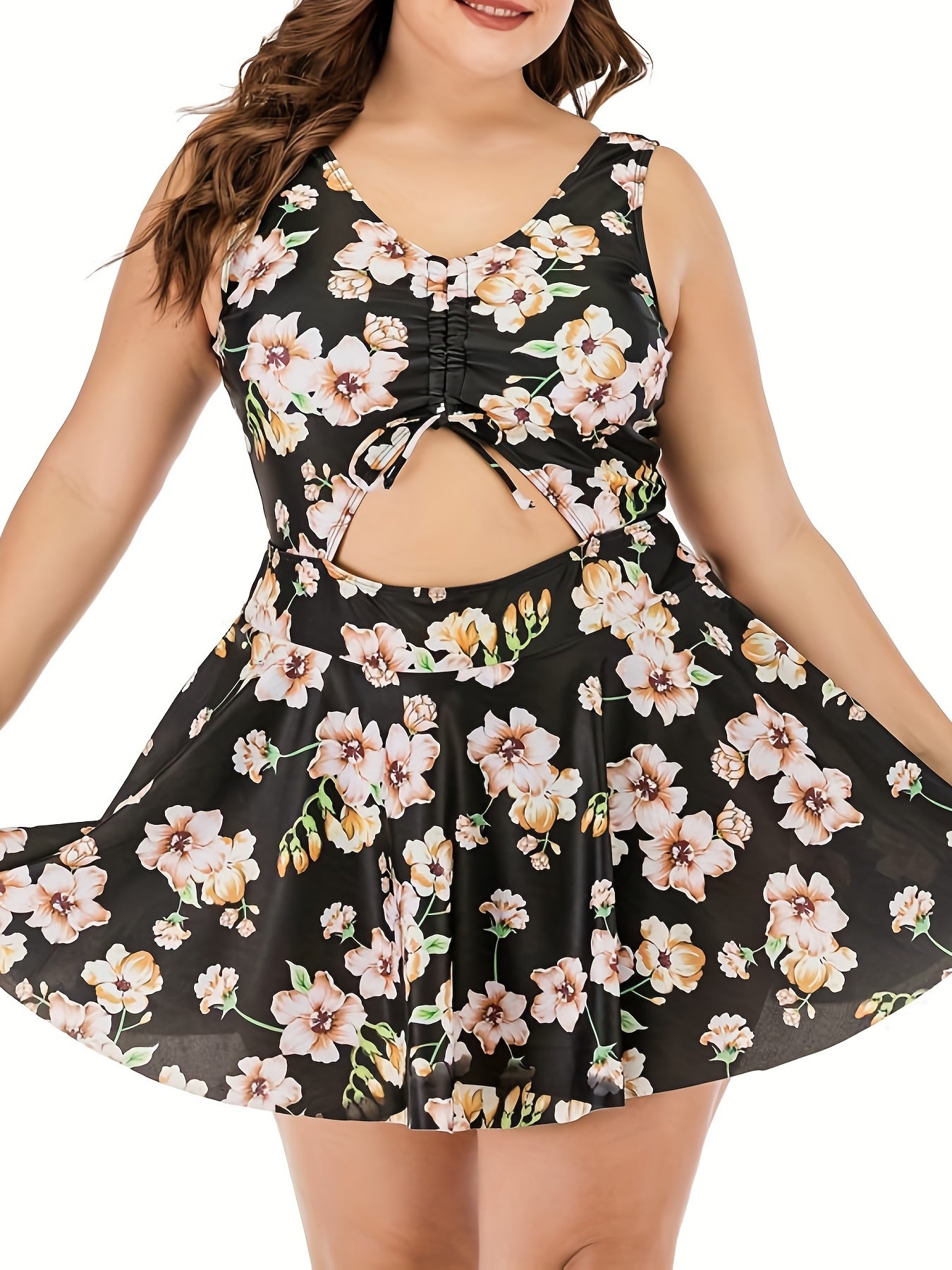  Floral One Piece Swimsuit with Cut Out Drawstring