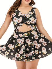  Floral One Piece Swimsuit with Cut Out Drawstring