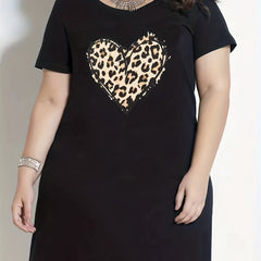  Leopard Heart Print Short Sleeve Round Neck Sleep Dress