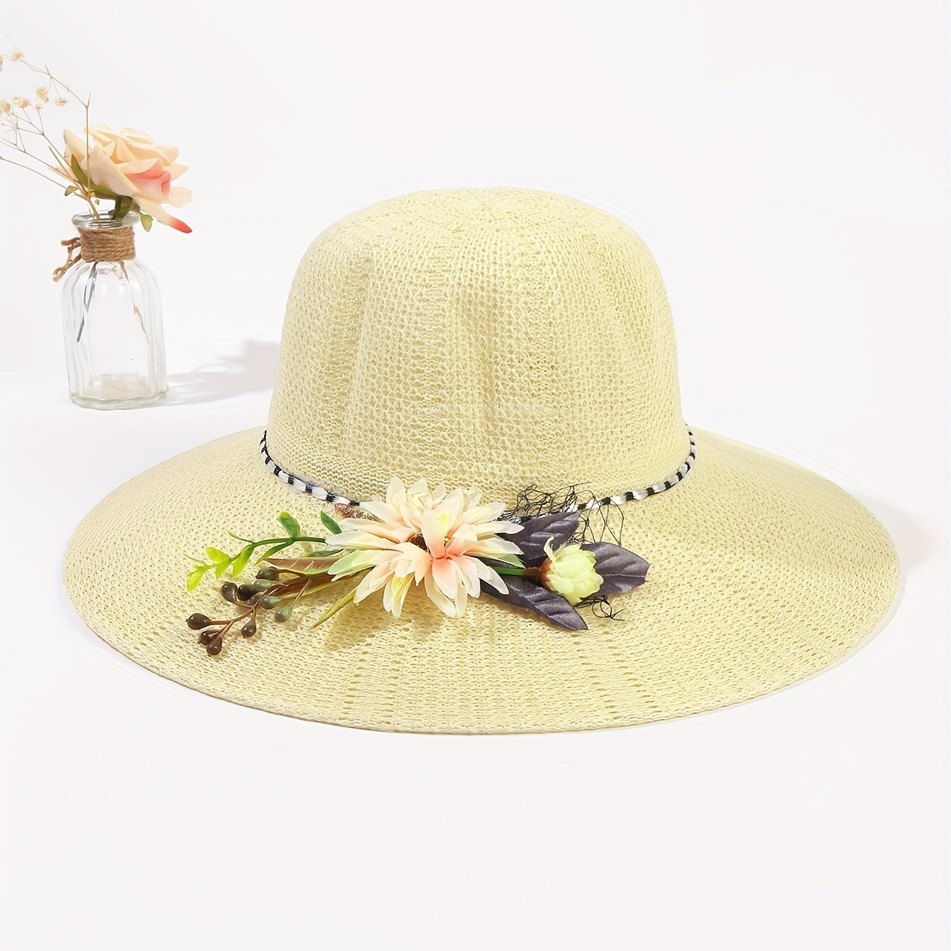 Beige Crochet Bucket Hat Faux Flower Decor Straw Casual Travel Beach Hat