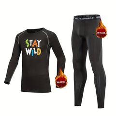 2pcs Kids Fleece Compression Base Set STAY WILD Long Sleeve Tops & Legging