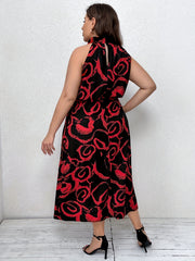  Abstract Brush Print Halter Neck Maxi Dress