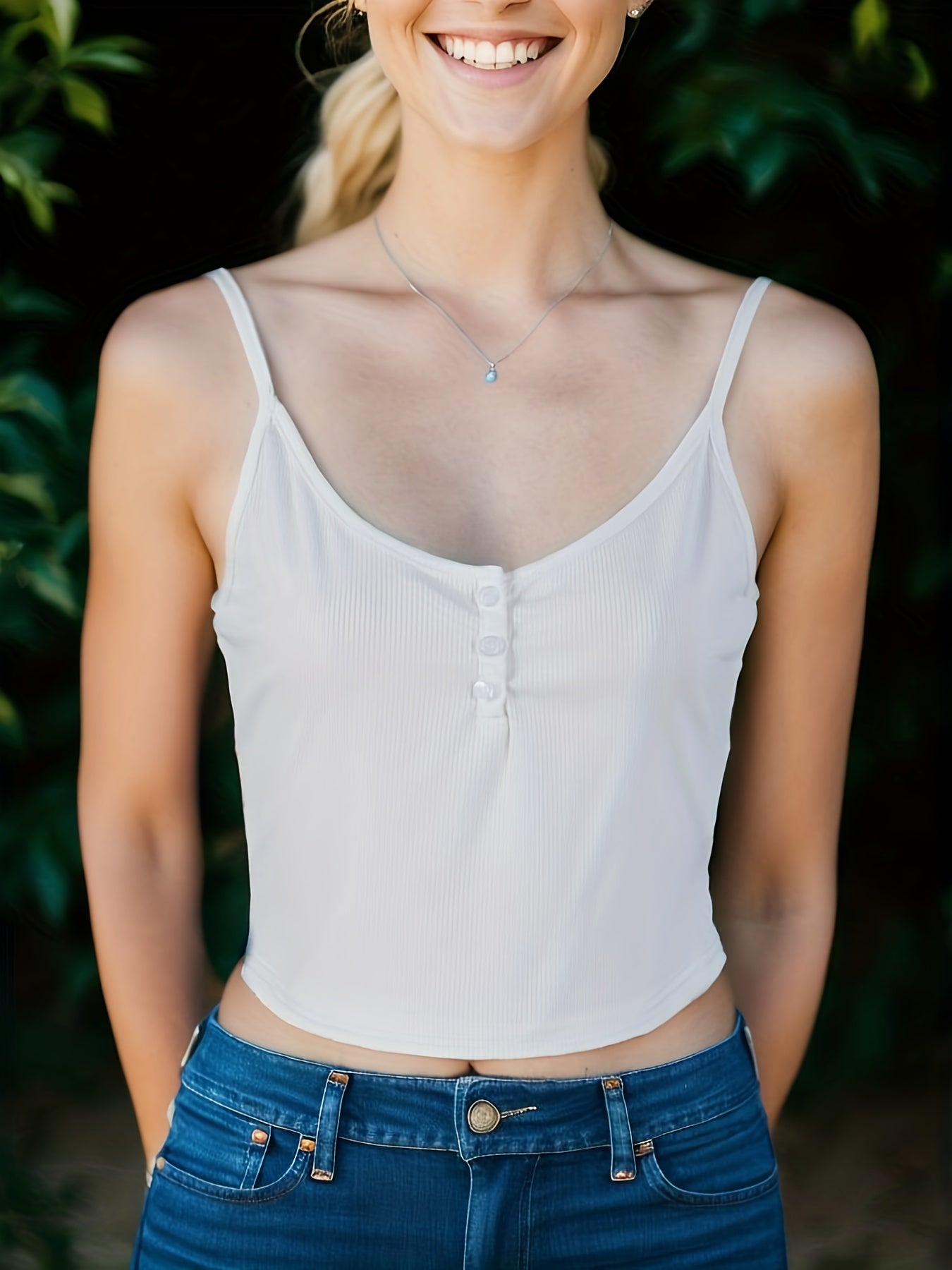 Slim Cami Top Spaghetti Strap Button Front Summer Cami Top