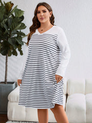  Women's Stripe Print V Neck Long Sleeve Tee Dress
