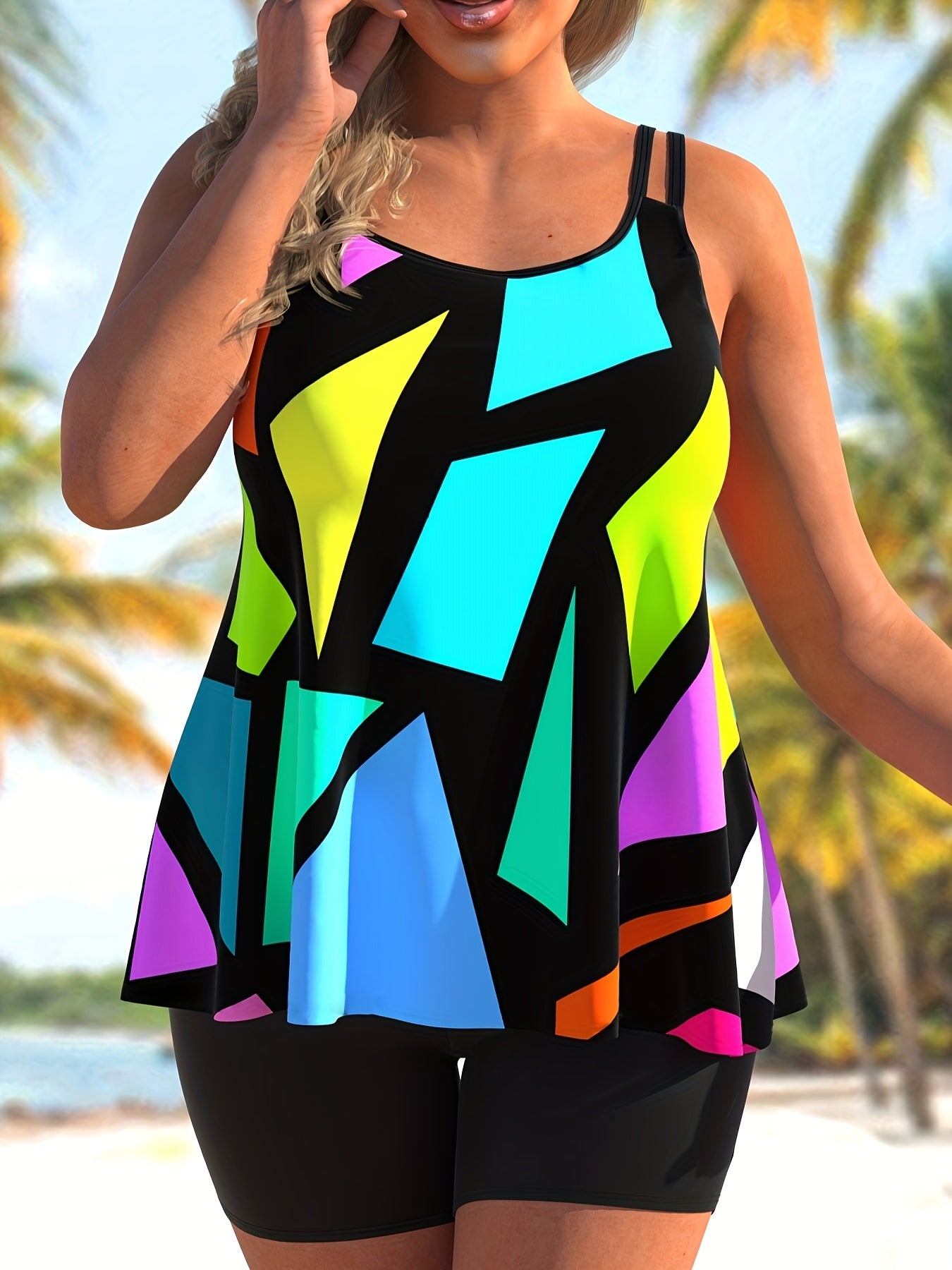  Geo Print Tankini Set with Cami Top & Shorts Swimsuit