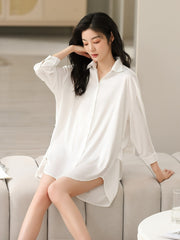 Solid Buttons Nightdress Long Sleeve V Neck Sleep Dress Women's Sleepwear