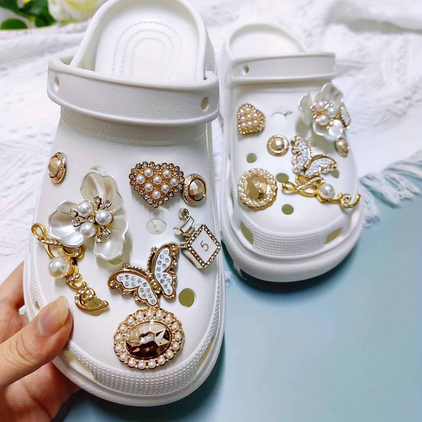 Stylish Shoe Accessories Clover Flower Rhinestone Pearl Chain Party Set