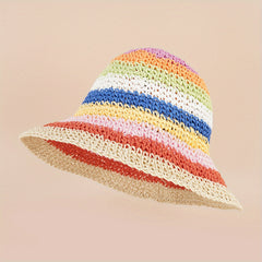 Rainbow Striped Straw Hat Unisex Sunscreen Sunshade Bucket Hat