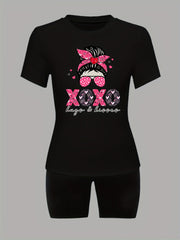  Cartoon Figure & Letter Print Tee & Biker Shorts Outfit Set