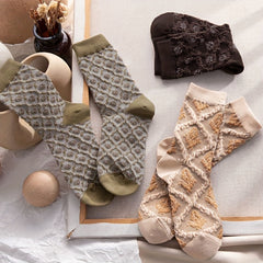 5 Pairs Floral Print Socks Retro Style Textured Women's Stockings