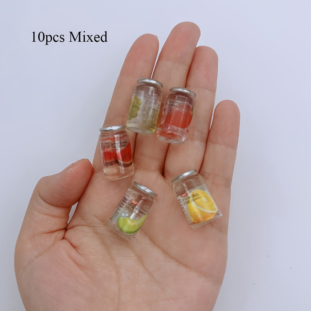 10pcs Mini Supermarket Food Set - Resin Fruit Cans & Beverage Bottles