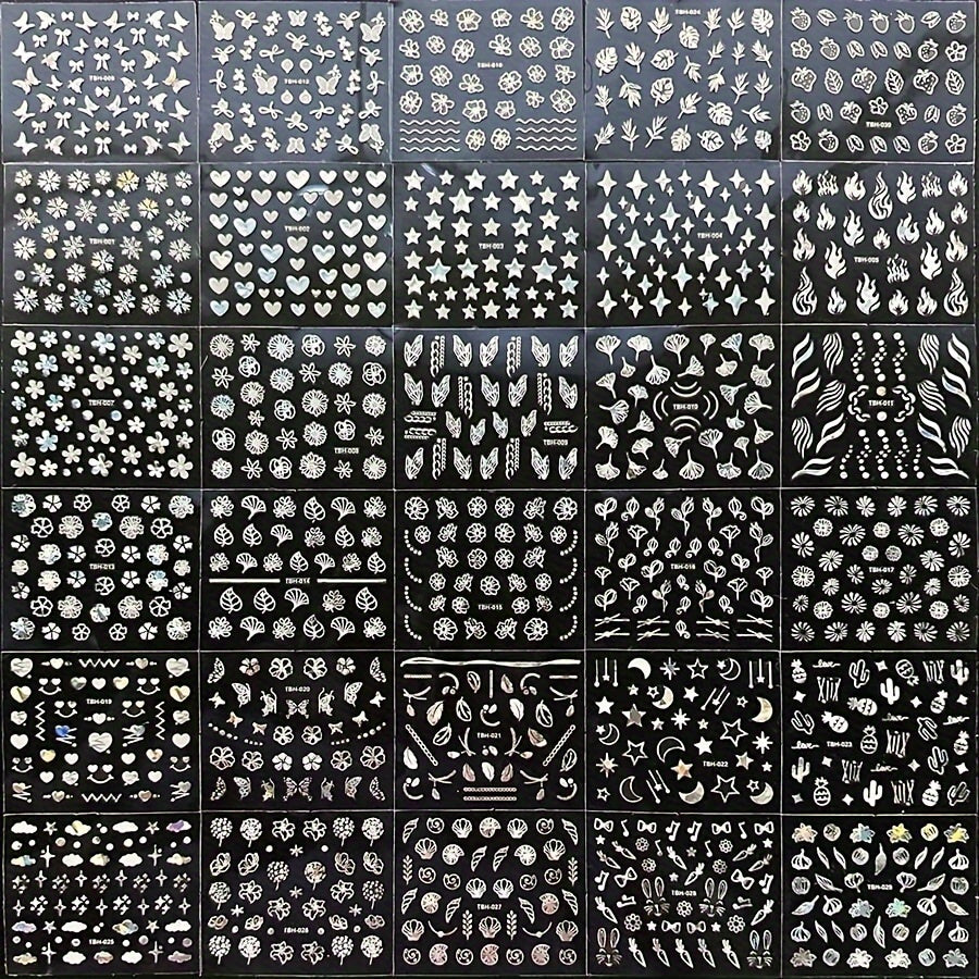 30pcs 3D Fantasy Nail Art Stickers: Glittery Patterns Stars Hearts Snowflakes