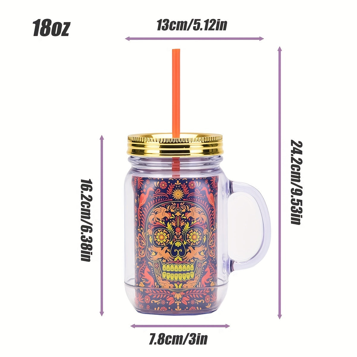 18oz Halloween Skull Water Cup Portable Straw Cup Sealed Carnival Cup