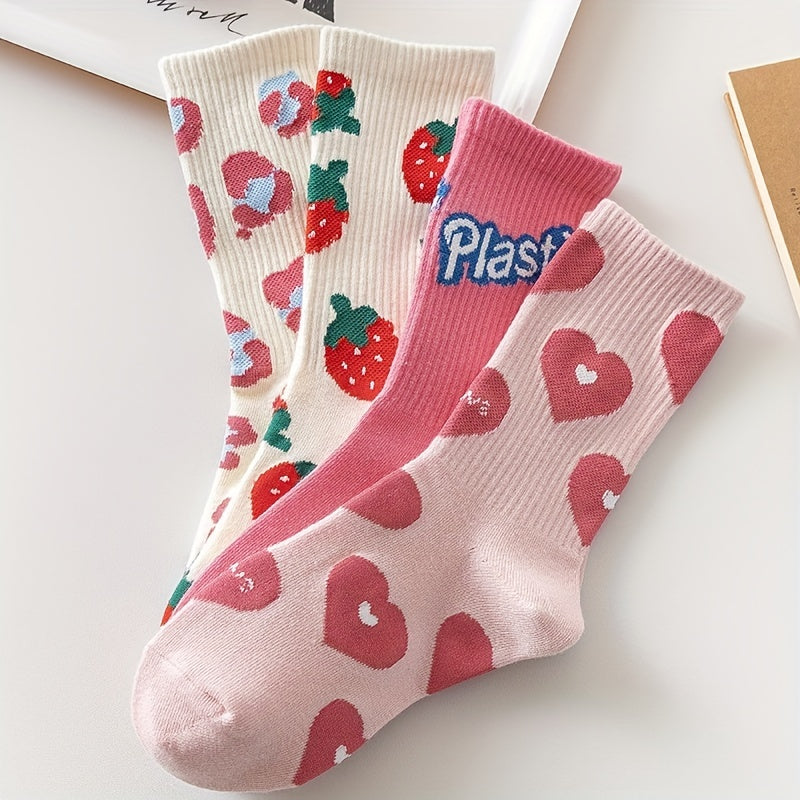 Heart & Strawberry Print Socks Women's Stockings