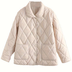 Solid Lapel Quilted Jacket Long Sleejsonves Patched Pockets Outdoor Padded Jacke