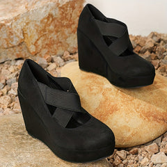 Women's Wedge Heels Round Toe Elastic Cross Strap Slip On High Heels