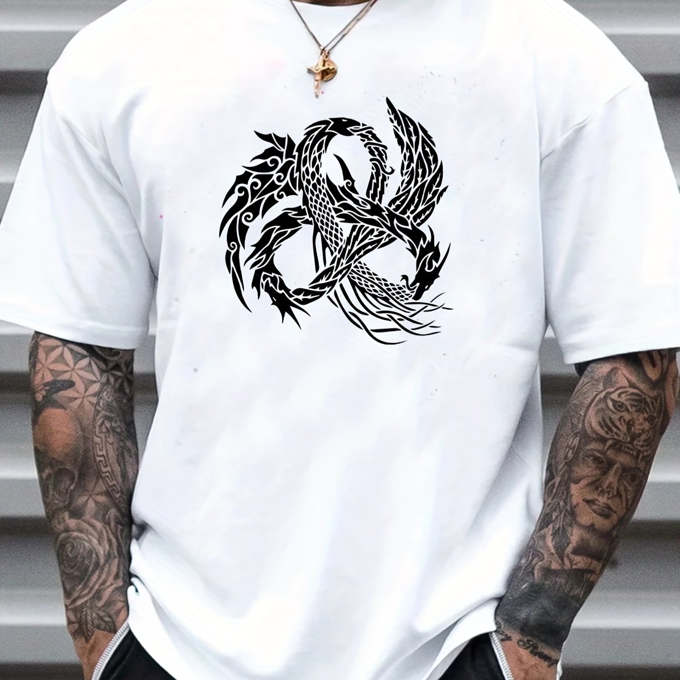 Dragon Loong Print Men's Graphic Crew Neck T shirt Casual Comfy Tees Tshirts