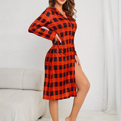 Plaid Print Button Lounge Dress Lapel Pocket Long Sleeve