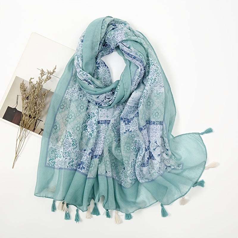 Tassel Scarf Floral Printed Warm Scarf Long Lightweight Scarf