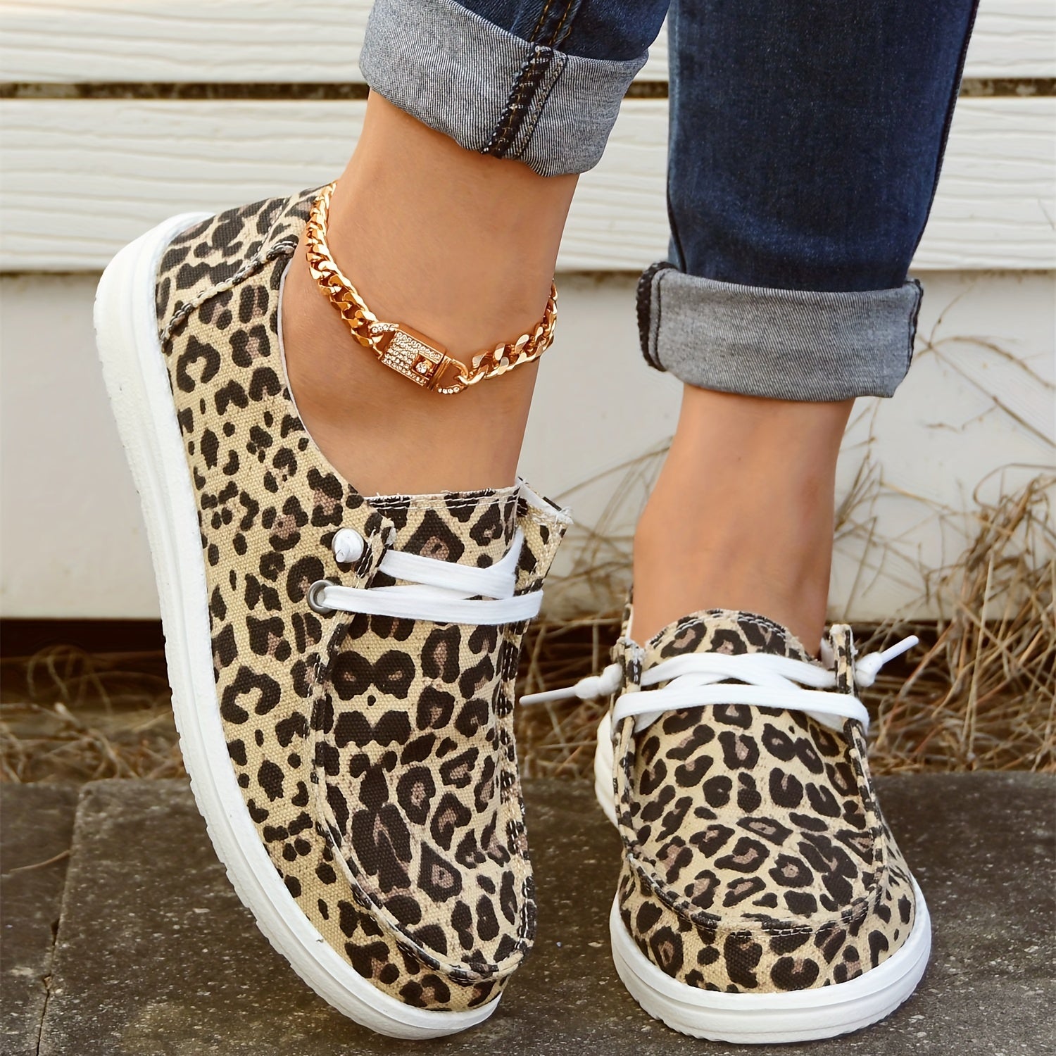 Leopard Print Boat Shoes Lace Up Flat Canvas Shoes