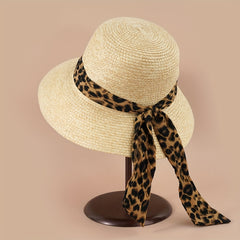 Leopard Ribbon Bowknot Sun Hat Wide Brim UV Protection Straw Hat
