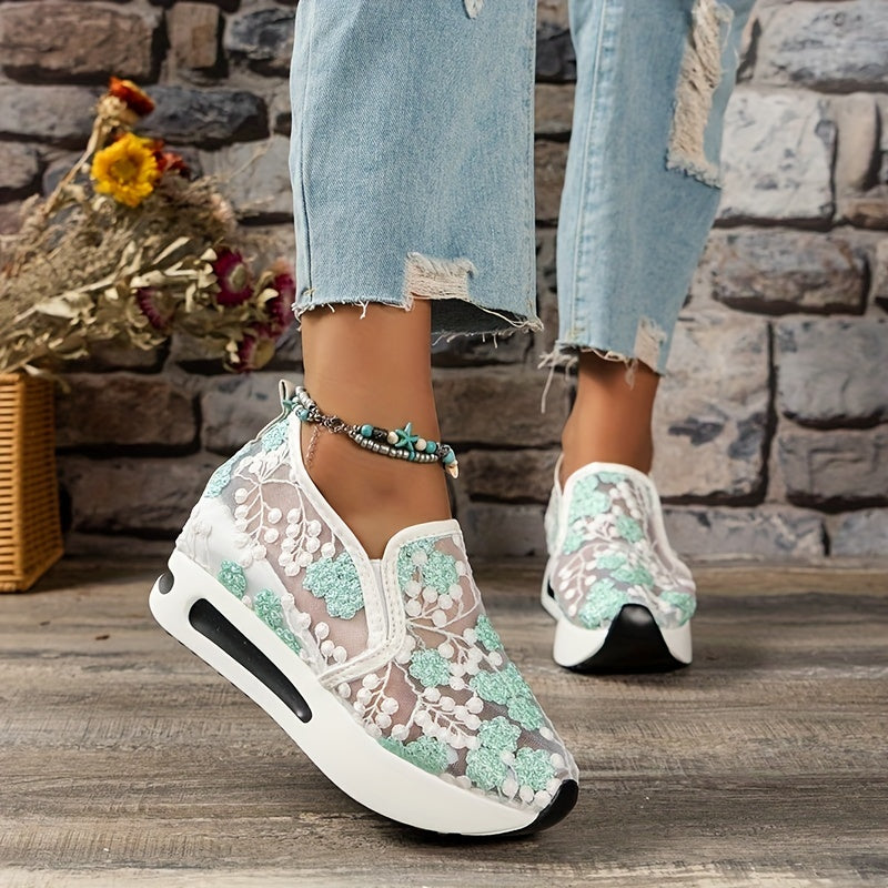 Floral Platform Sneakers Slip On Embroidered Shoes Comfortable Walking