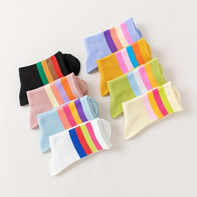 8 Pairs Colorful Stripe Print Ribbed Socks Women's Stockings