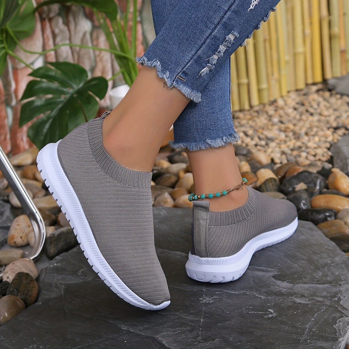 Dark Grey Stretch Woven Sports Shoes Women's Footwear