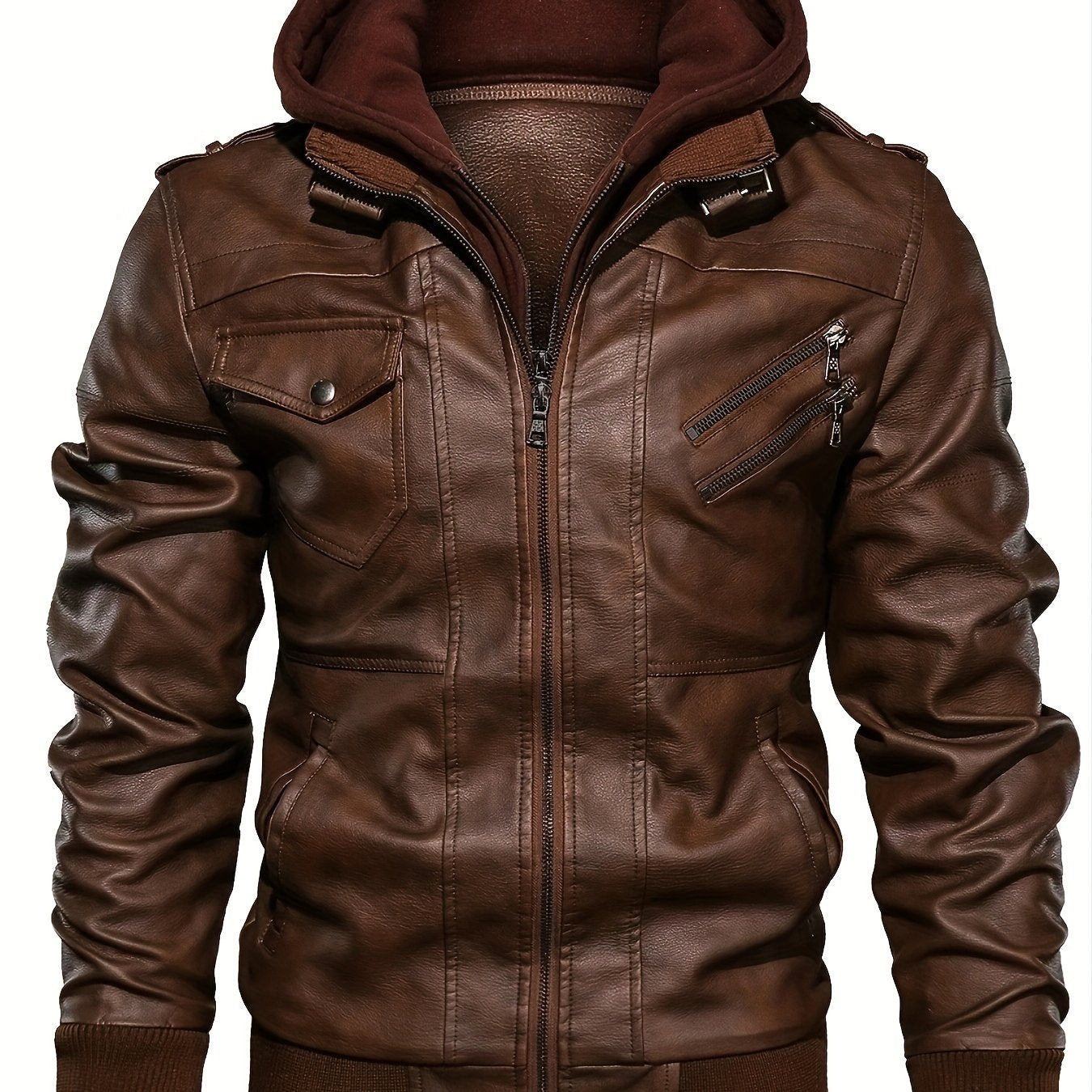 Men's PU Leather Hooded Zipper Jackets with Pockets
