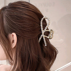 Rhinestone Pearl Bow Hair Claw Clip Golden Non Slip Strong Grip Hair Jaw Clip