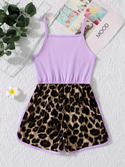 Girls Leopard Stitching Cami Romper & Fit Kids Short Jumpsuit