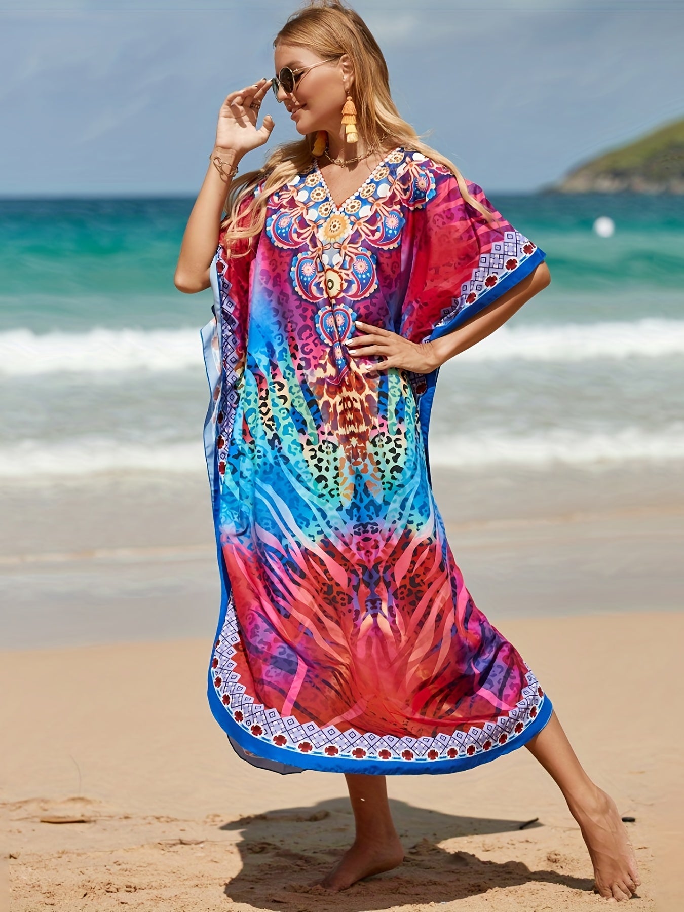  Boho Cover Up Dress Leopard Print V Neck