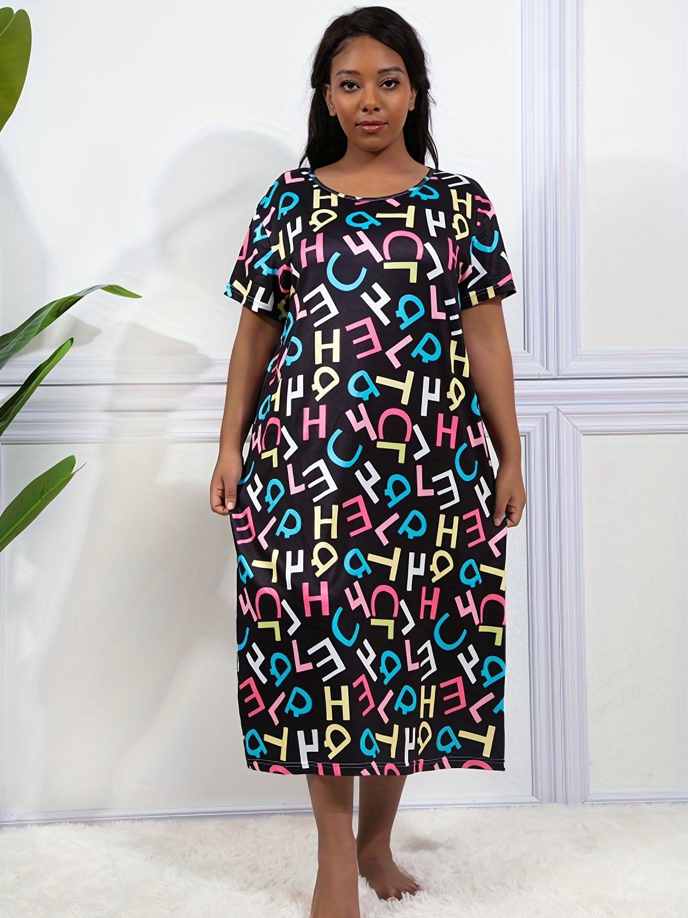  Casual Loungewear Dress Colorful Letter Print Short Sleeve Nightdress