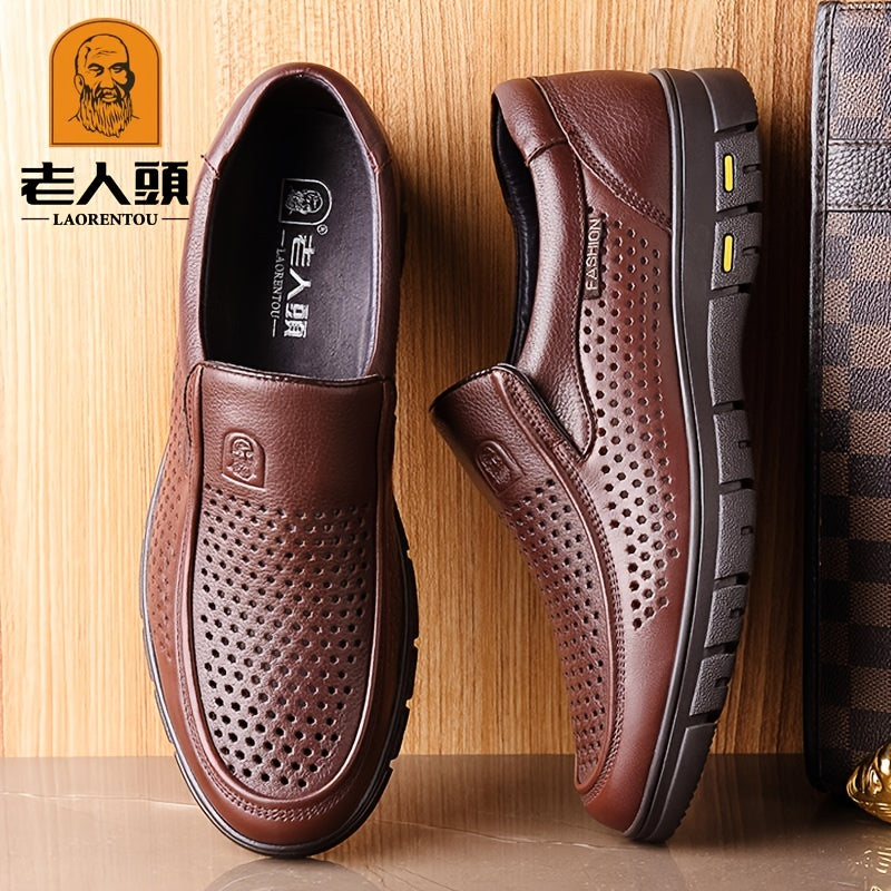 LAORENTOU Men's Leather Hollow Out Loafer Shoes Slip On Lightweight Dress Shoes