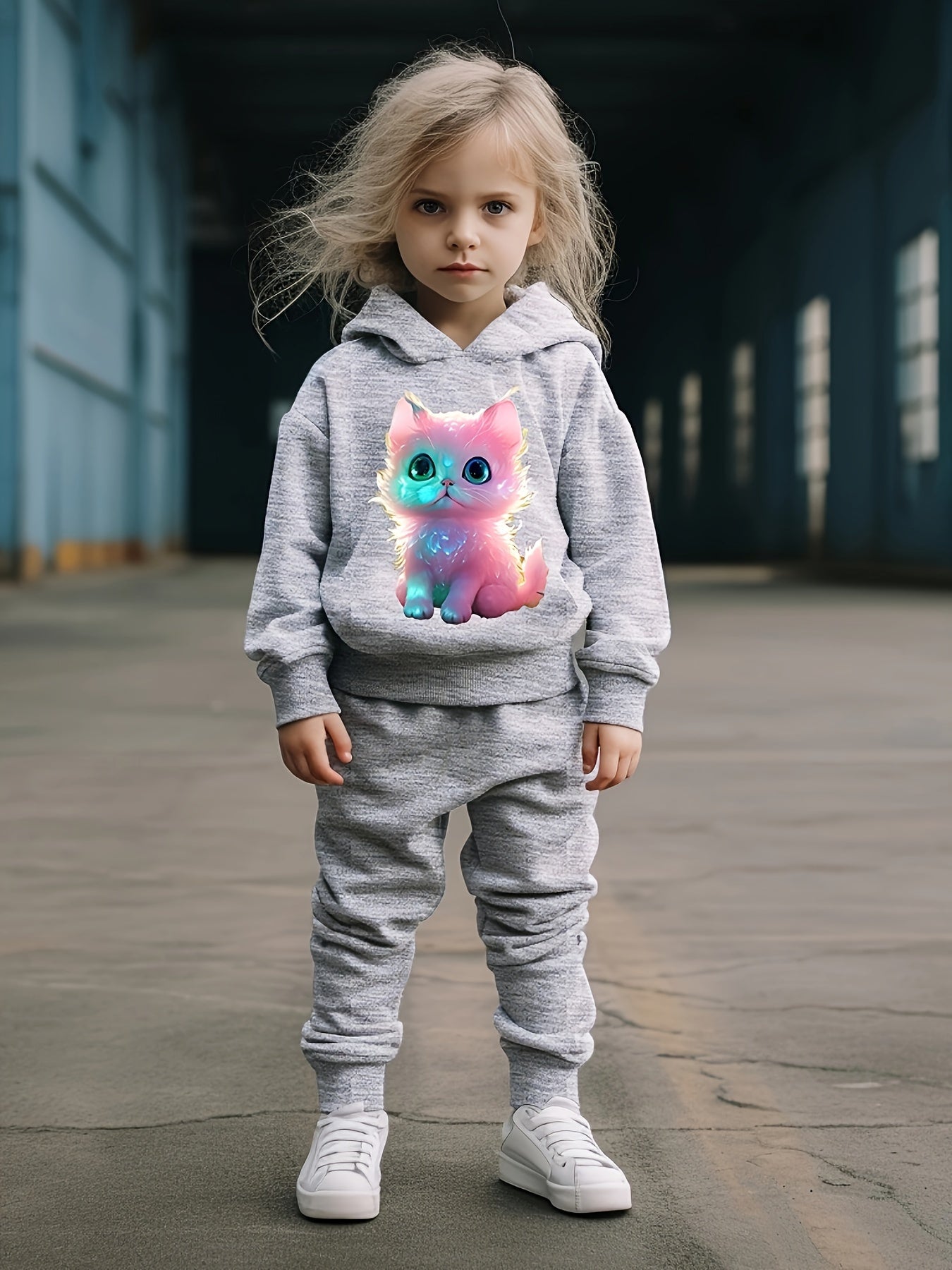 OERYUI Kitty Print 2pcs Girls Hoodies Jogger Pants Set for Sports