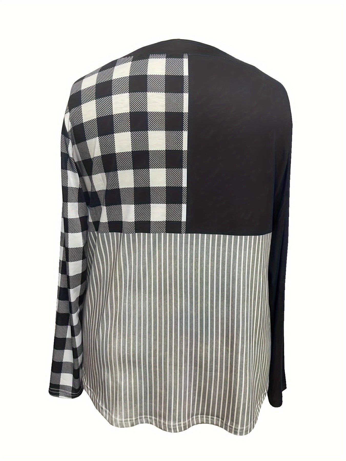  Colorblock Plaid & Stripe Print V Neck Shirt