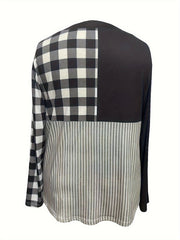  Colorblock Plaid & Stripe Print V Neck Shirt