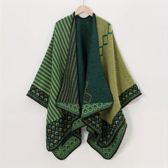 Plaid Print Shawl Geometric Pattern Warm Cape Windproof Cardigan