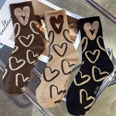 3 Pairs Heart Print Mid Tube Socks Soft Women's Stockings