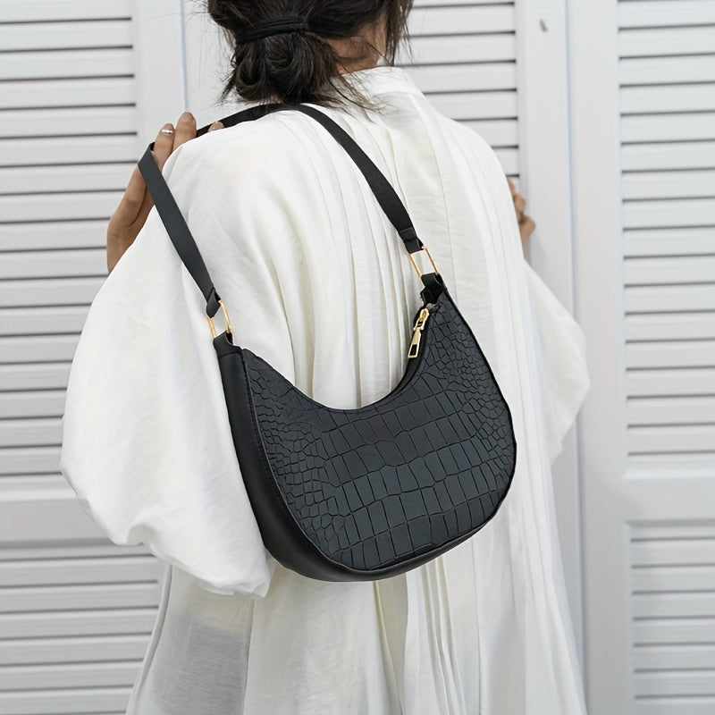 Crocodile Pattern Crescent Handbag Vegan Leather Hobo Purse