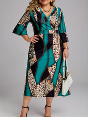  Colorblock Leopard Print Surplice Neck Dress