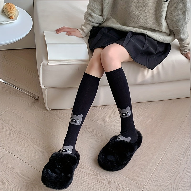 3 Pairs Cat & Argyle Calf Socks Bow Knee High Socks Women's Stockings